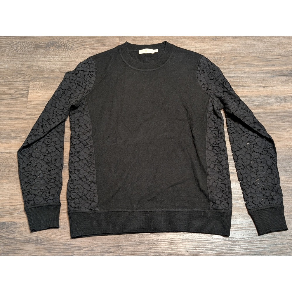 Tory Burch Merino Wool Lace Sleeve Crew Neck Knit Sweater Womens Medium Pullover